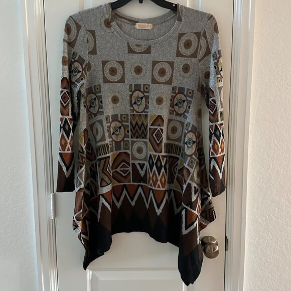 Orange Fashion Village Geometric Print Long Sleeve Tunic Top S/M - Picture 1 of 12